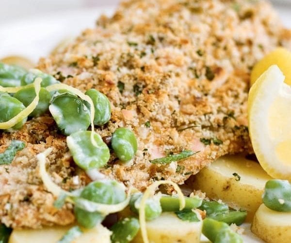 Crusted trout with minted lemon broad beans