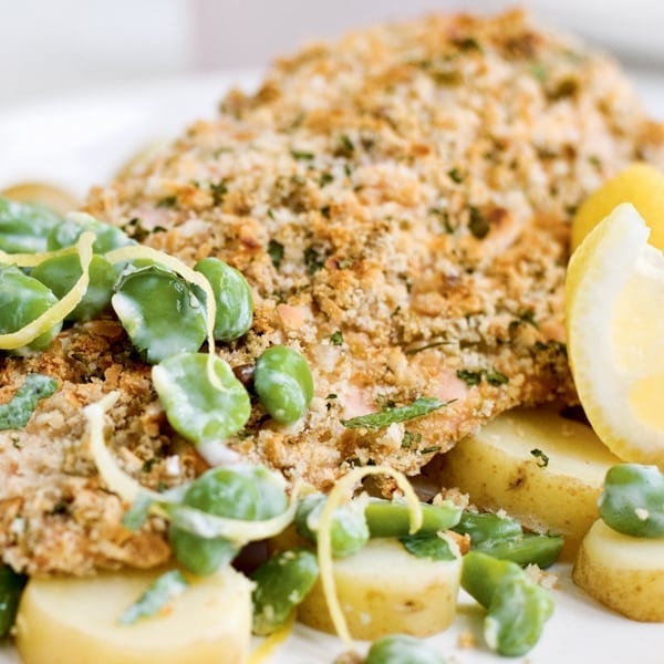 Crusted trout with minted lemon broad beans