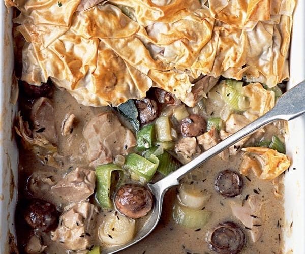 Chicken, mushroom and leek pie with a filo topping