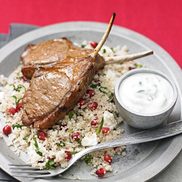 Quick lamb cutlets with feta and mint couscous