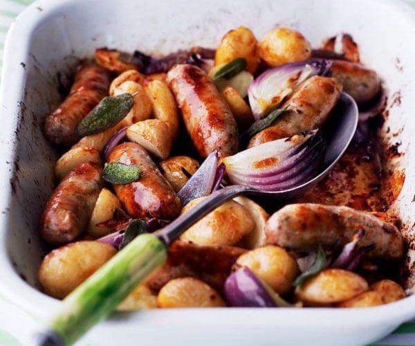 Sausage, apple and potato one-pan roast