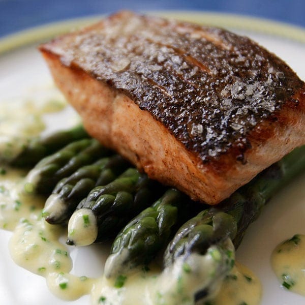 Loch Duart salmon fillet with chive and lovage sauce