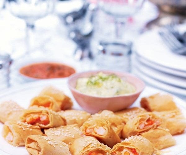 Prawn boreks with fennel mayonnaise and roasted red pepper dip