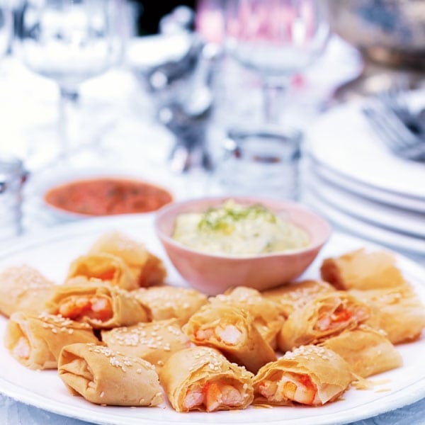 Prawn boreks with fennel mayonnaise and roasted red pepper dip