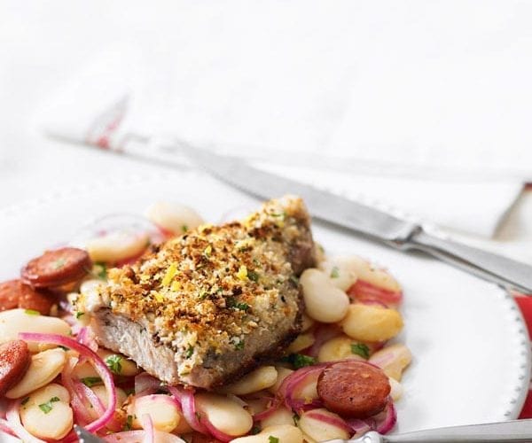 Pork chops with preserved-lemon butter beans