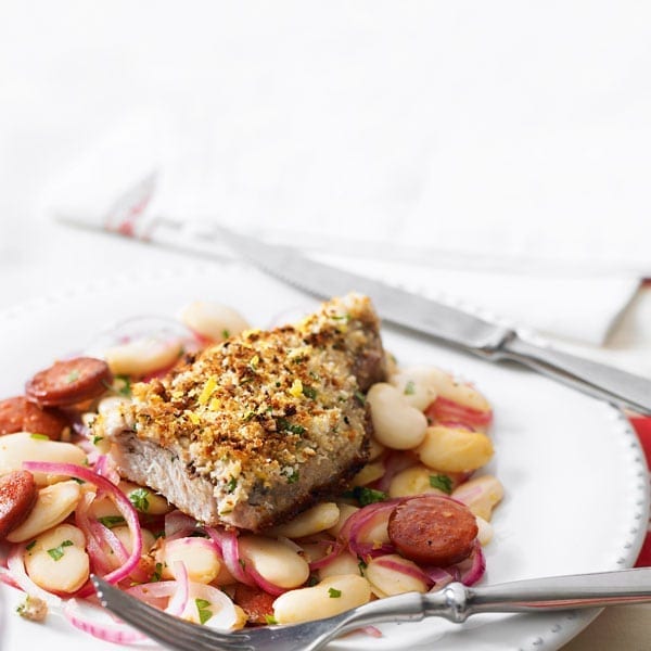 Quick crusted pork with warm butter bean salad