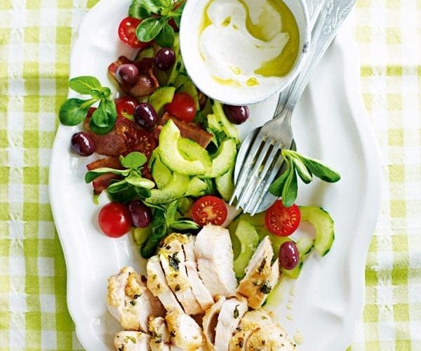 Greek chicken salad with oregano, olives and tomato
