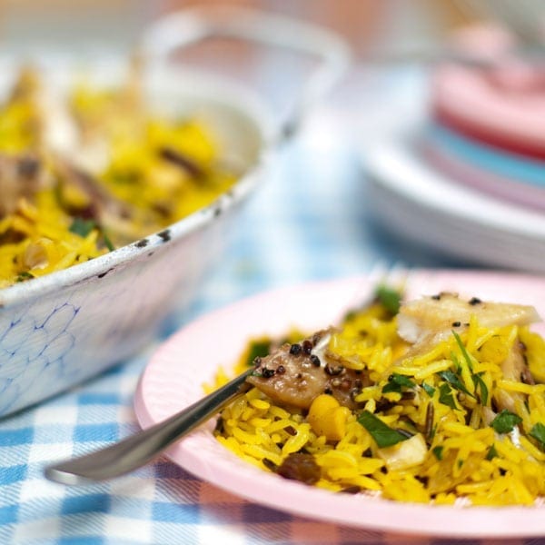 Rice salad with smoked peppered mackerel