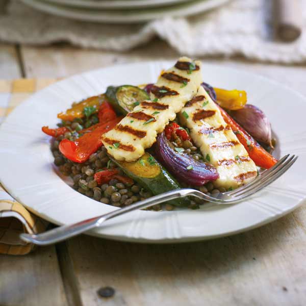 Puy lentils with roasted vegetables and griddled halloumi