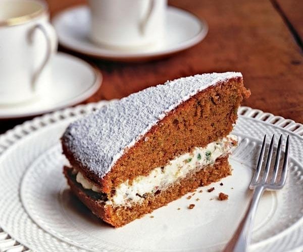 A slice of pistachio coffee cake