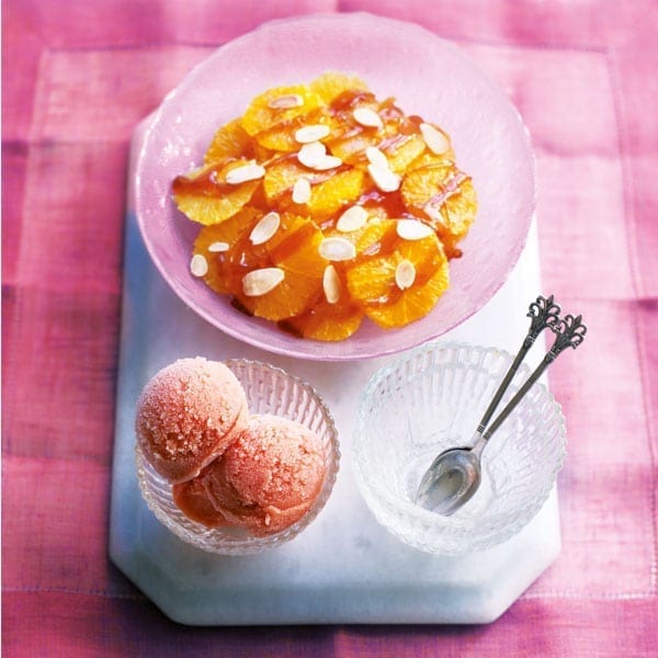 Blood orange sorbet with boozy caramel oranges