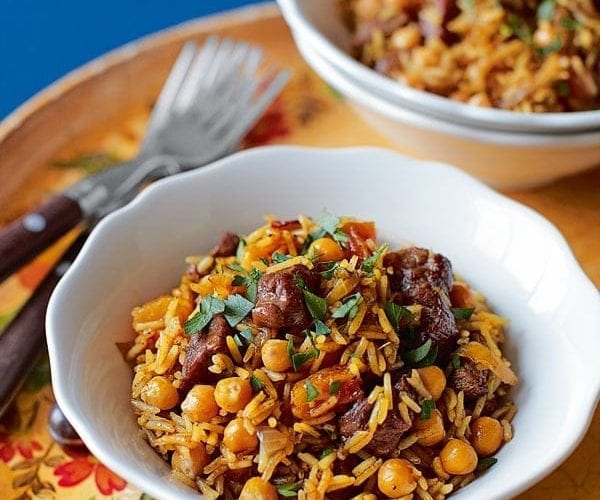 Roast lamb shoulder with rice pilaf