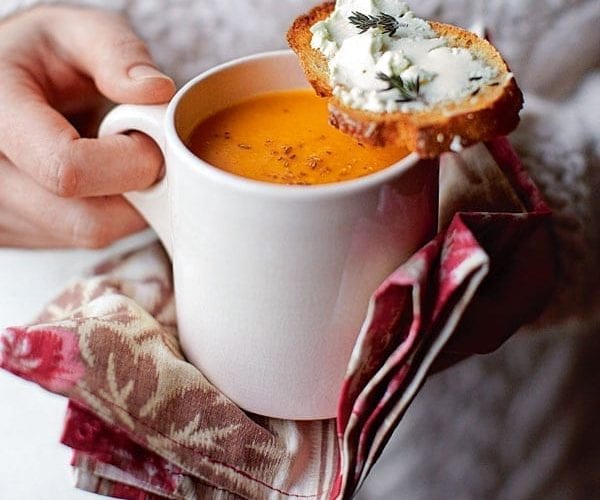 Squash and cumin soup with cheesy toasts