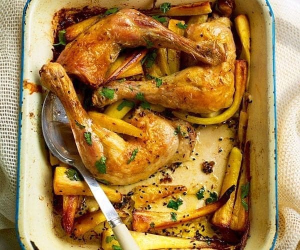 Masala-spiced parsnips with roast chicken