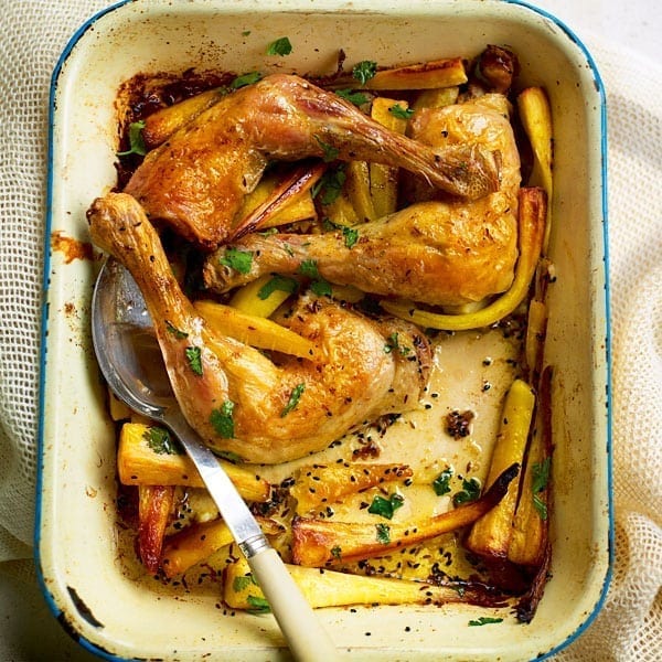 Masala-spiced parsnips with roast chicken