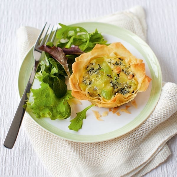 Cheat’s leek and blue cheese filo tartlets