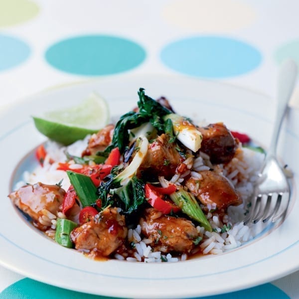 Sticky chilli and thyme pork stir-fry