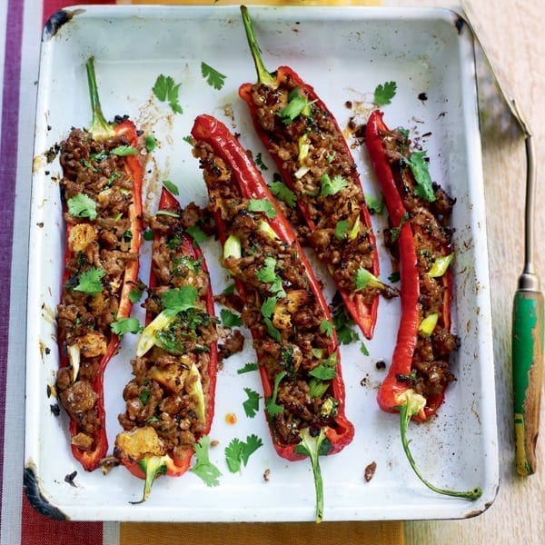 Sticky pork-stuffed peppers