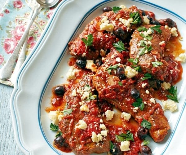 Braised Greek lamb with olives and feta