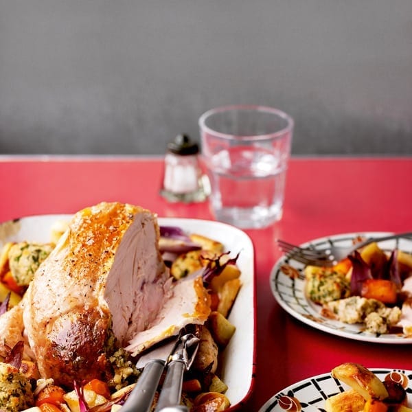 Easy roast chicken with stuffing and veg