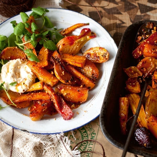 Warm roast vegetable salad with hazelnuts and rose harissa