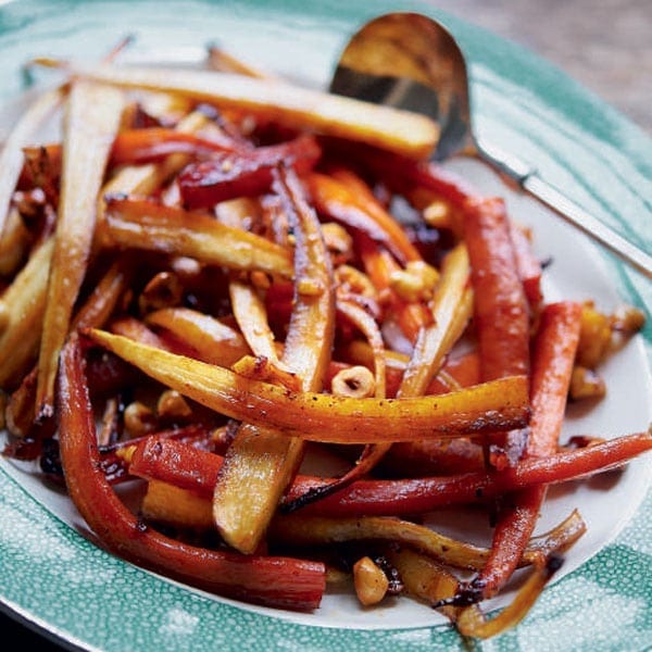Sticky roast carrots and parsnips with hazelnuts and balsamic