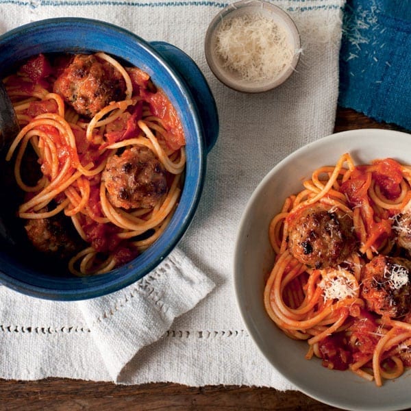 Pork, lemon and sage meatballs with spicy tomato sauce