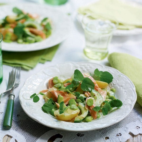 Potato and hot smoked salmon salad