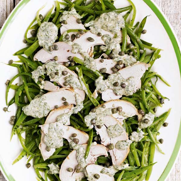 Smoked chicken and runner bean salad with salsa verde dressing
