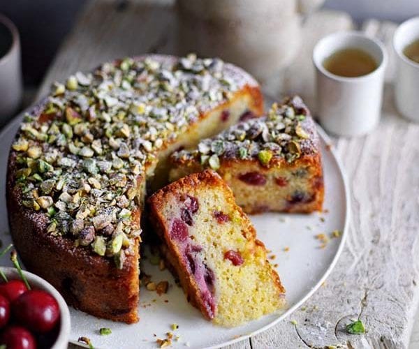 Cherry and marzipan cake with orange blossom syrup