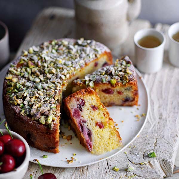 Cherry and marzipan cake with orange blossom syrup