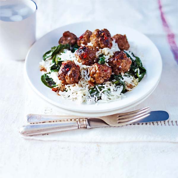 Sticky spiced soy meatballs with spinach rice