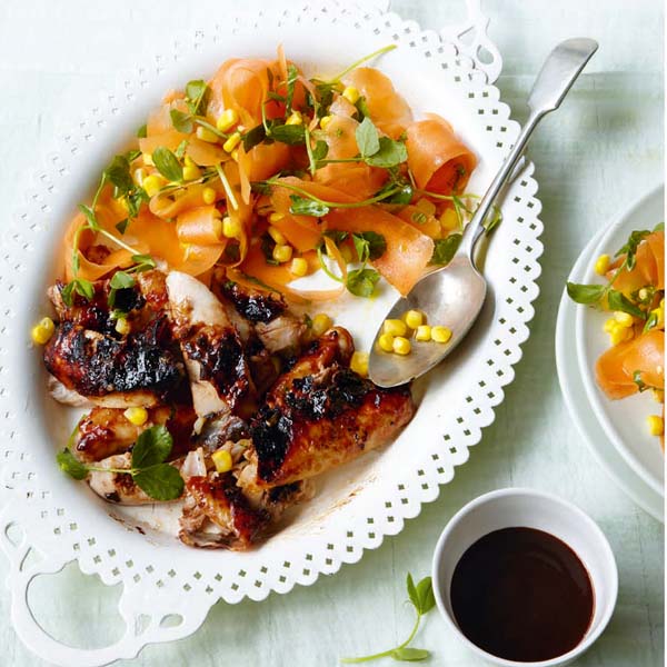 Sticky roast chicken thighs with carrot, sweetcorn and herb salad