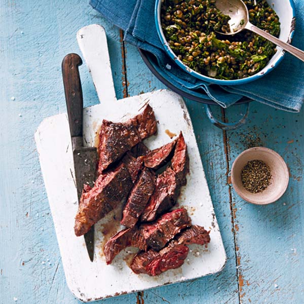 Onglet steak with lentil and herb salad