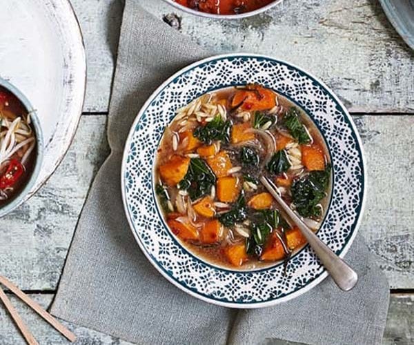 Roast butternut squash, kale and orzo soup