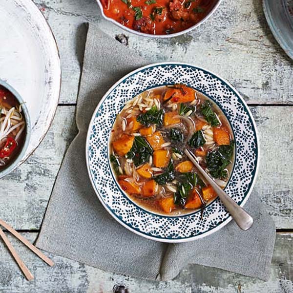 Roast butternut squash, kale and orzo soup