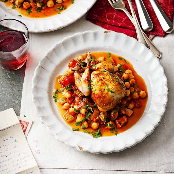 Spanish-style quail with smoky chickpea stew