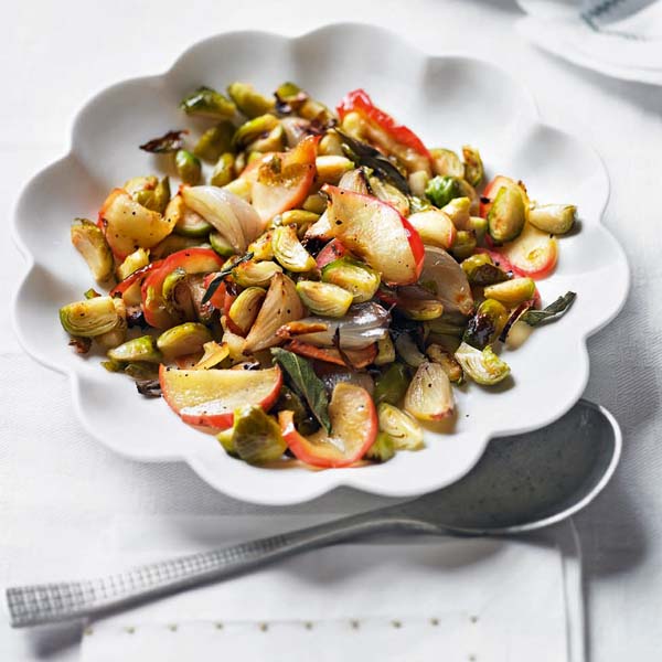 Roasted sprouts with caramelised shallots, apple and sage