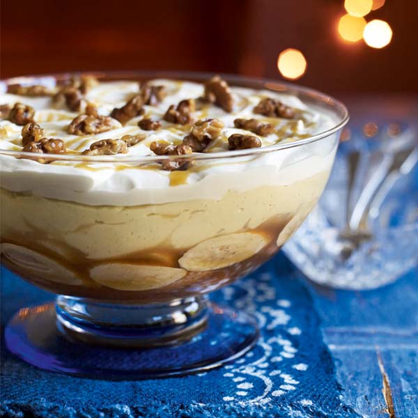 Salted caramel and banana trifle with toffee walnuts