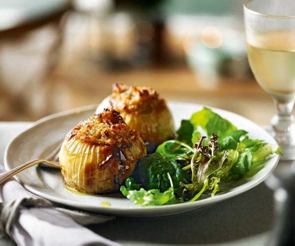 Baked sherry onions with nutty sourdough stuffing