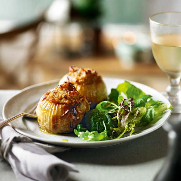 Baked sherry onions with nutty sourdough stuffing