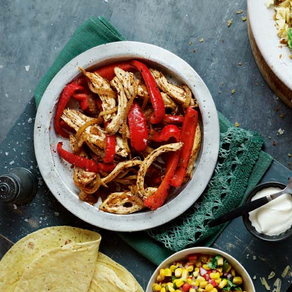 Chicken fajitas with corn salsa