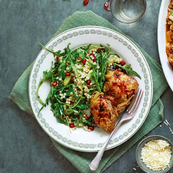 Pomegranate chicken with giant couscous salad