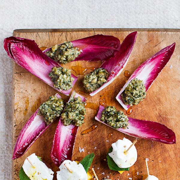 Walnut pesto chicory leaves