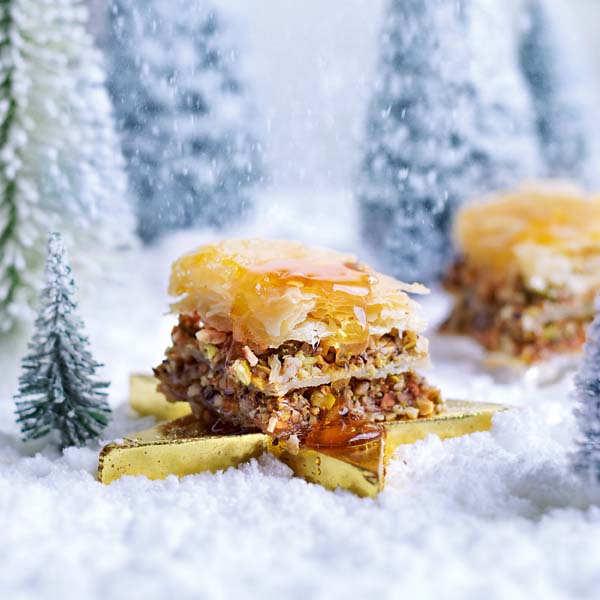 Pistachio and walnut baklava with honey yogurt ice cream