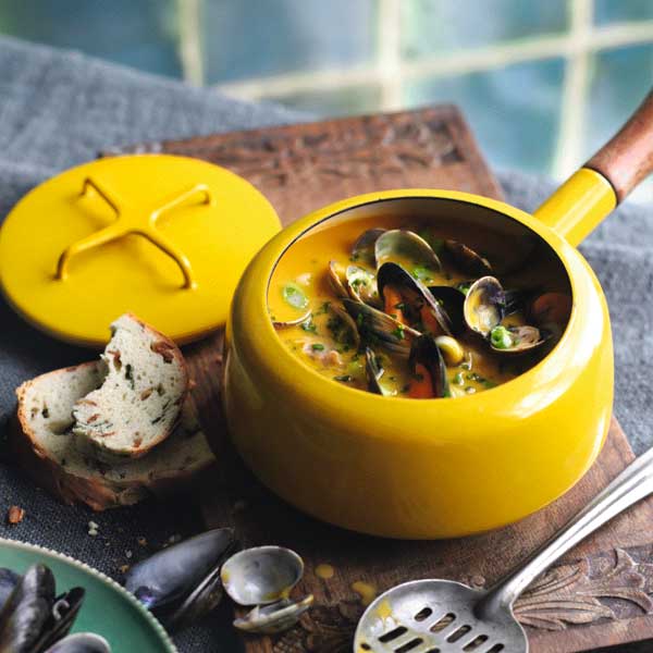 Cockle and mussel chowder with sweet potato and spring onions