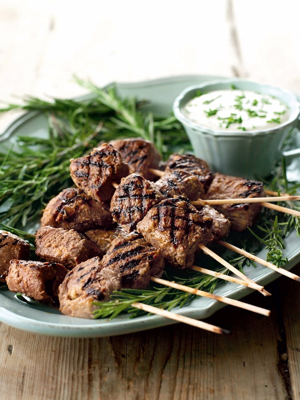 Beef skewers with horseradish dip recipe delicious. magazine