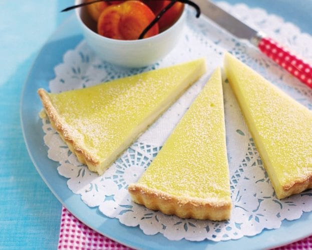 Vanilla tart with poached apricots