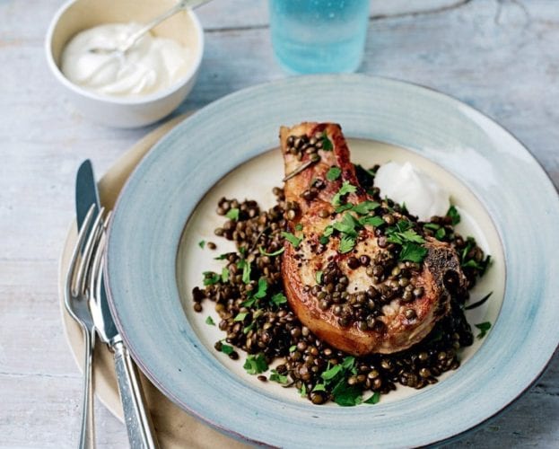 Spanish-style pork chops with new potatoes and olives