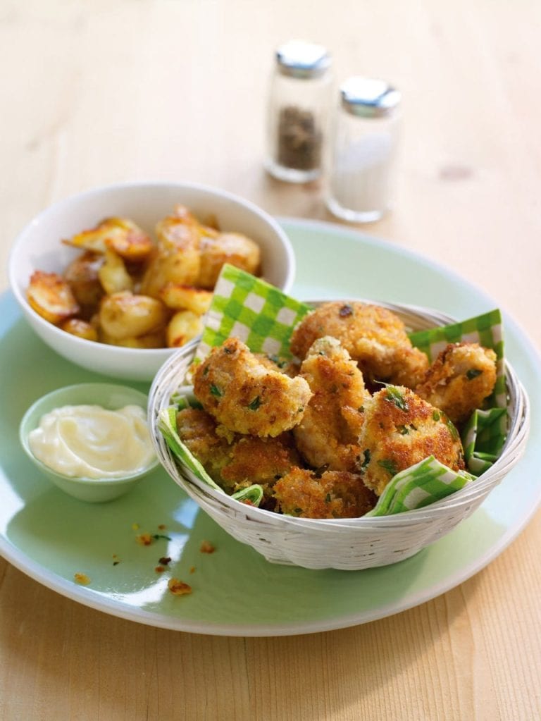 Herby chicken goujons with crispy new potatoes